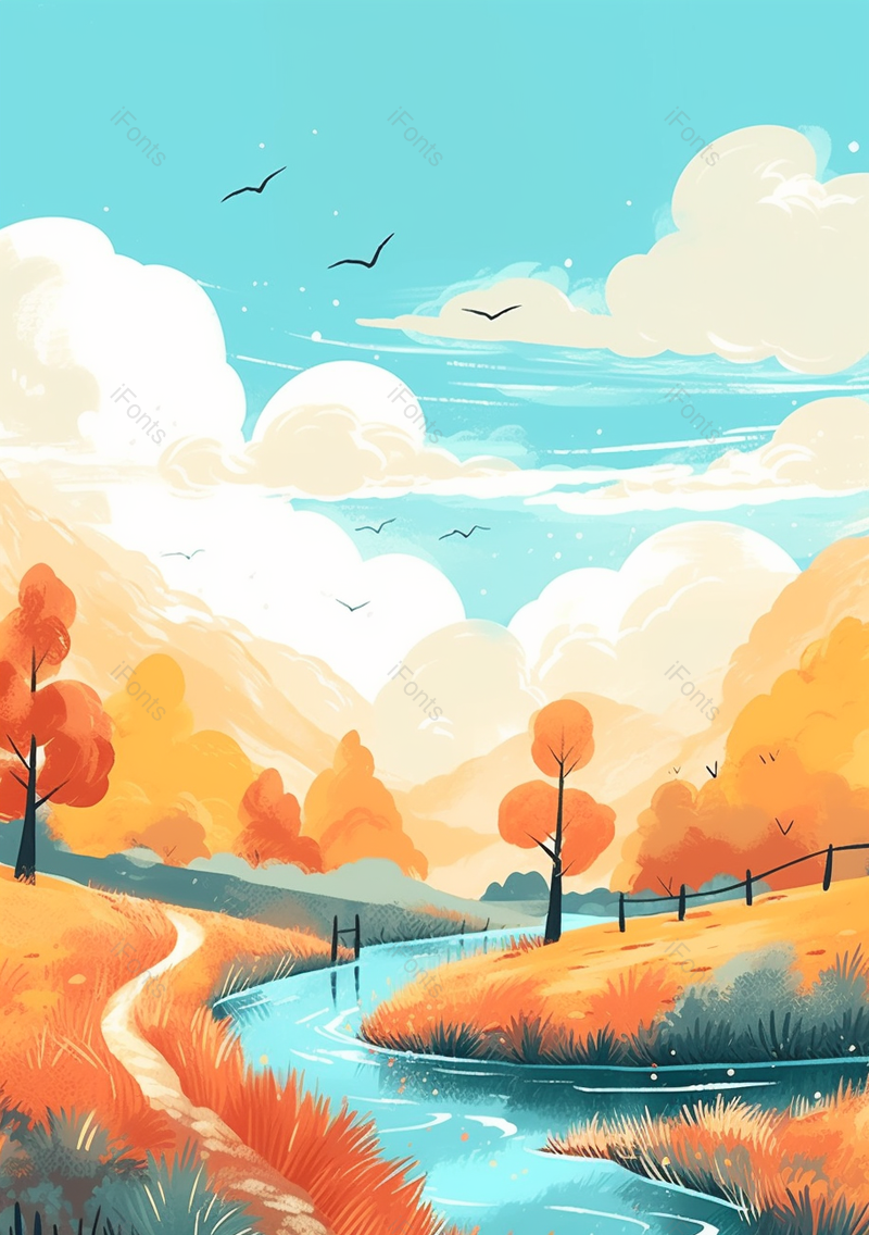 蓝天白云秋季树木河流自然美景,插画/手绘图,插画/手绘图库,插画/手绘图下载,插画/手绘